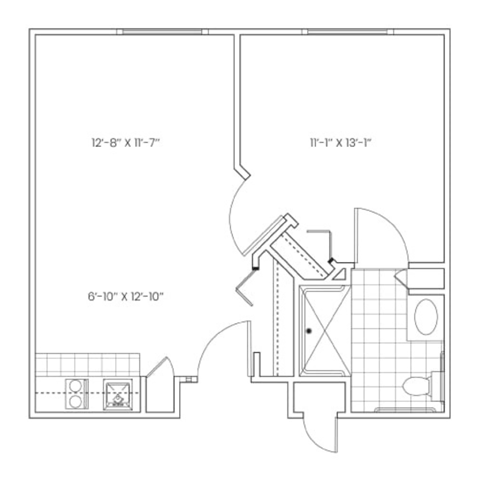Floor plan for 1 bed, 1 bath, 521 sqft